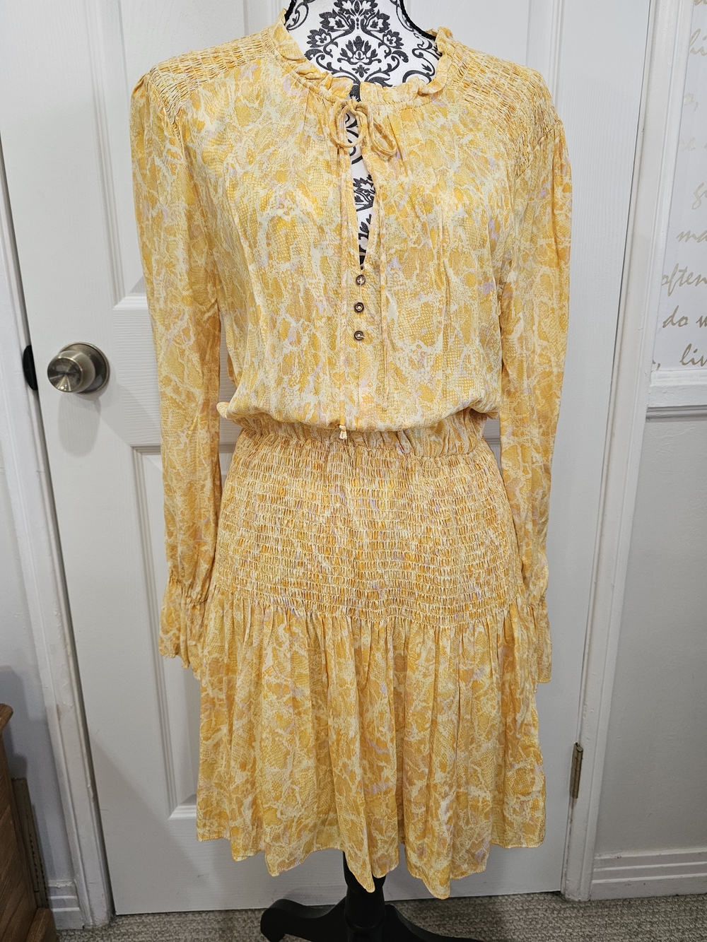 Karlie Yellow Printed Long-Sleeve Smocked Dress